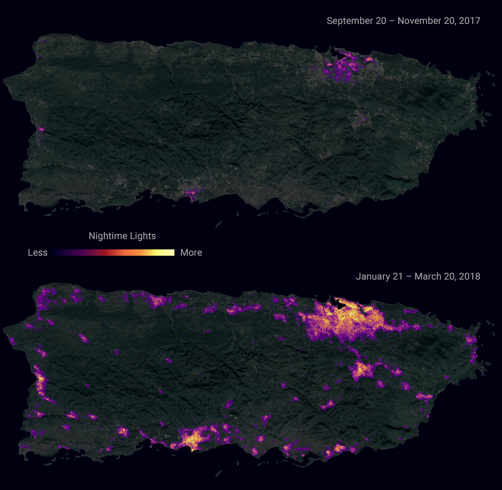 Two images of Puerto Rico, one at top and one at bottom. In both, the territory itself is rendered in greyscale with indication of lights at night in purple (dimmest), orange and yellow (brightest). In the top image from Sept. to Nov. 2017, only a small number of purple spots are on the map. In the bottom image from Jan. to March 2018, the island has begun to recover, with lights indicated around nearly the entire border in shades of mostly purple but also some orange and yellow.