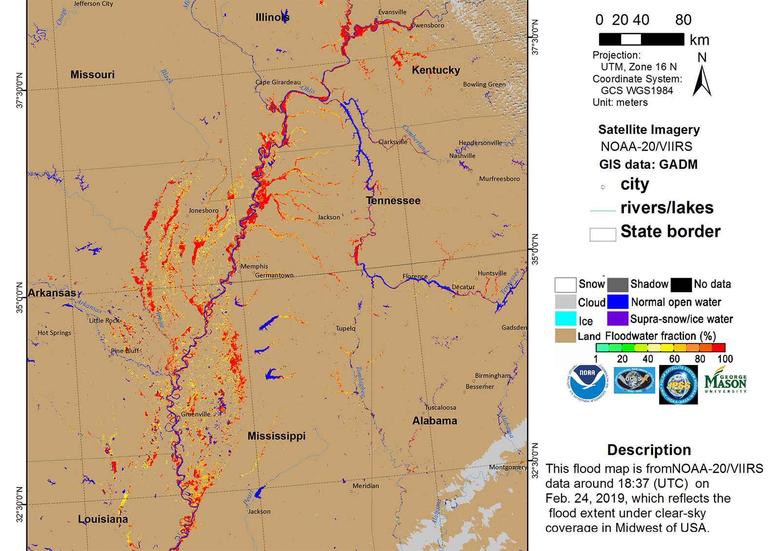 A map graphic shows the lower Mississippi River, with the normal water levels indicated in blue and flood waters, along the entire extent of the river, indicated in red.