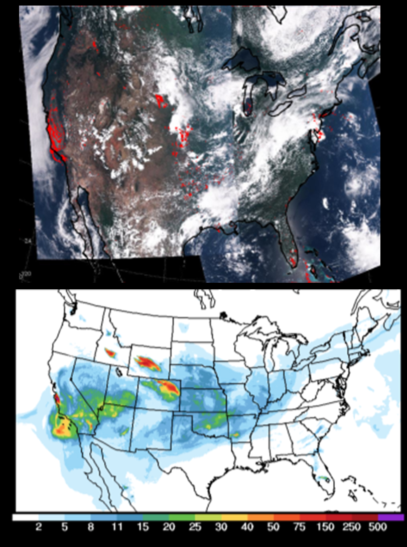 Two images of the U.S. stacked vertically. The top image shows a true-color satellite image of the U.S. with red dots overlaid indicating wildfire hot spots. Many of the red dots are in California, Wyoming and Colorado. The bottom image shows a U.S. map in white and black, overlaid with a smoke forecast with heavy smoke depicted in red and yellow, and lower smoke levels in green and blue. No smoke is white. High smoke levels are in California, Colorado, Idaho and Wyoming, but low smoke levels cover much of the U.S. due to these fires.