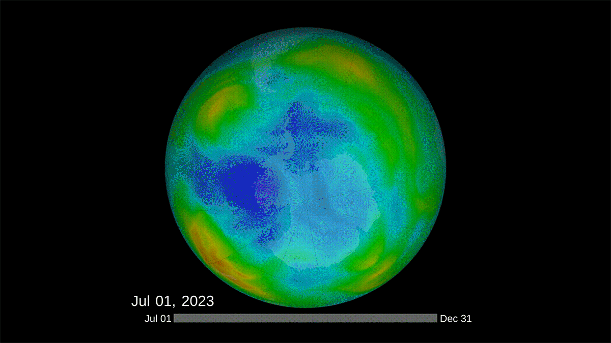 An animation shows the daily progression of total ozone for the 2023 season for the Southern Hemisphere (July to December). The data is from Suomi-NPP OMPS. Swirling colors indicated the concentration of ozone. Warmer colors depict higher concentrations, while cooler colors indicate lower concentrations.