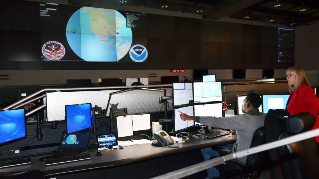 A view of the U.S. Mission Control Center at NOAA's Satellite Operations Facility in Suitland, Maryland.