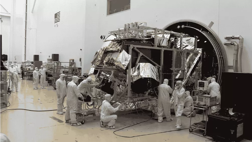 Image of JPSS-2 satellite going into the TVAC Chamber