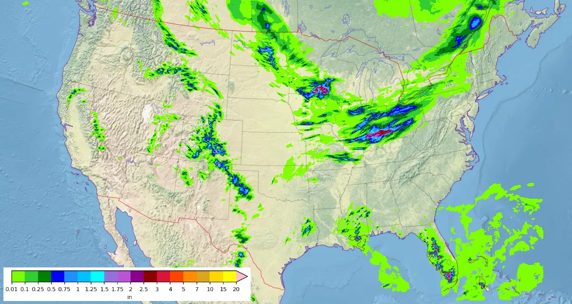Sample forecast output depicting 6-hour accumulated precipitation in inches across the United States where rainfall is forecasted across the Midwest, Florida, and parts of the Plains.