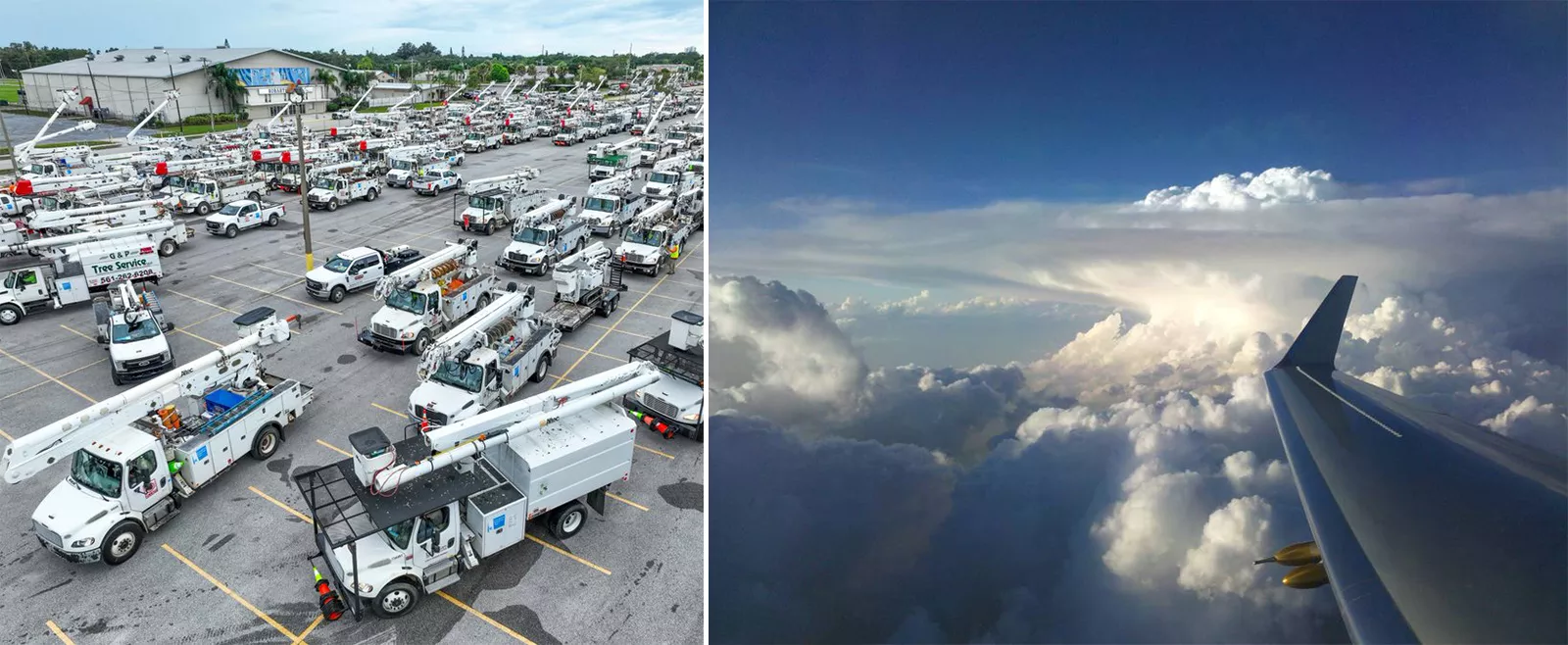 Composite of 2 photos. Left photo is of a parking lot with lots of utility service trucks. Right photo is cumulonimbus cloud “anvil” from the view of an airplane.
